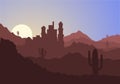 Desert Landscape with Cactus, Hills and Mountains Silhouettes. Vector Nature Horizontal Background Royalty Free Stock Photo