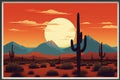 a desert landscape with cactus and mountains at sunset Royalty Free Stock Photo