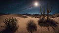 desert landscape with cactus _A night sky filled with stars and nebulae over a desert landscape. The milky way stretches Royalty Free Stock Photo
