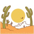 Desert landscape with Cactuses. Arizona desert mountains isolated on white. Vector nature background Royalty Free Stock Photo