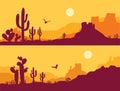 Desert landscape with Cactuses. Arizona desert mountains silhouette Vector nature horizontal background Royalty Free Stock Photo