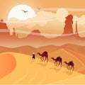 Desert landscape with camel caravan. Sahara illustration.