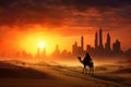 Desert landscape with camel and skyscrapers in Dubai, UAE, Camel caravan on sand dunes in the Arabian desert with the Dubai Royalty Free Stock Photo