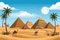 Desert landscape with camels and ancient Egyptian pyramids in the background Royalty Free Stock Photo