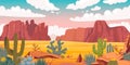 Desert landscape. Cartoon sand horizon with rocks, cactus and sandy valley. Vector wild desolated background Royalty Free Stock Photo