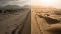 Split View of Desert Landscape: From Town to Wild Dunes Royalty Free Stock Photo