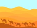 Desert landscape with contours of camels. Camel caravan walks among the sand dunes in a minimalist style. Design for printing