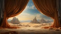 A desert landscape with a curtain and mountains
