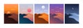 Desert landscape in different day time. Nature posters sand hills with sun moon, morning sunrise noon night sunset