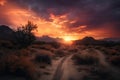 desert landscape with fiery sunrise, surrounded by dramatic clouds