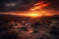 desert landscape with fiery sunrise, surrounded by dramatic clouds