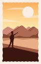 Desert landscape flat scene with traveler silhouette