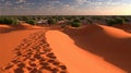 Footprints in Golden Desert Dunes Leading to a Distant Oasis Village Under a Sunset Sky Royalty Free Stock Photo