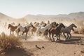 desert landscape with herd of galloping horses Royalty Free Stock Photo