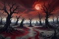 a desert landscape illuminated by the eerie red glow of the moon on Halloween night. Royalty Free Stock Photo