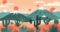 Desert landscape illustration with cactus mountains and sun for wall art and design projects Royalty Free Stock Photo