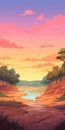 Vibrant Sunset Cartoon Landscape With Trees And River