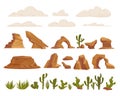 desert landscape items set. dry desert fauna, cacti, dried trees, rocks stones, tumbleweed, green piked plants. vector