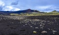 Desert landscape of Lakagigar volcanic fissure area in Southern highlands of Iceland. Black volcanic ash ground decorated with