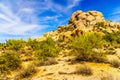 Desert landscape with Large Rock Formation and Cholla and Saguaro Cacti Royalty Free Stock Photo