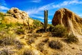 Desert Landscape and Large Rock Formations with Cholla and Saguaro Cacti Royalty Free Stock Photo