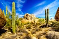 Desert Landscape and Large Rock Formations with Saguaro Cacti Royalty Free Stock Photo