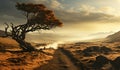 Desert landscape with a leaning tree and cloudy sky. AI generated