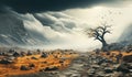 Desert landscape with a leaning tree and cloudy sky. AI generated