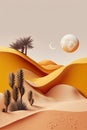 Desert landscape with palm trees, sand dunes and moon. Royalty Free Stock Photo