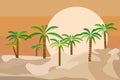 Desert landscape with palm trees and sun setting on the horizon Royalty Free Stock Photo