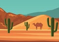 Desert landscape poster with cartoon camel vector illustration. Sandy wilderness with cactuses, mountains, rocks and Royalty Free Stock Photo