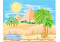 Desert landscape with pyramids of palm trees and a small oasis in the sand, vector illustration Royalty Free Stock Photo