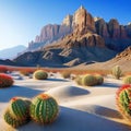 desert landscape with rocks and cactus plants in the foreground and mountains in Royalty Free Stock Photo