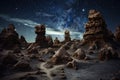 Desert Landscape With Rocks and Starry Sky, An otherworldly landscape of strange rock formations and brilliant star clusters, AI