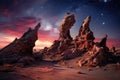 Desert Landscape With Rocks and Starry Sky, An otherworldly landscape of strange rock formations and brilliant star clusters, AI