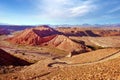 Desert landscape of rocky red hills and dry river near San Pedro de Atacama, Chile, viewed from Pukara de Quitor