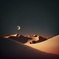 Desert landscape with sand dunes and moon in the night sky Royalty Free Stock Photo