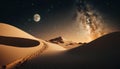 Desert landscape with sand dunes, starry sky and moon Royalty Free Stock Photo