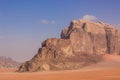 Desert landscape sand valley picturesque stone mountain Wadi Rum Jordanian touristic heritage site in Middle East region travel Royalty Free Stock Photo