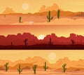 Desert landscape scene with cactuses at sunset set, mountain wild panorama nature scenery