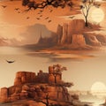 Desert landscape scenes with trees and birds in a post-apocalyptic style (tiled)
