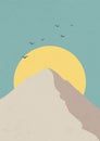 Desert landscape, sunny dunes and birds illustration. Earth tones, beige colors.