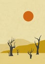 Desert landscape, sunny dunes and dry tree illustration.Desert landscape with dead trees