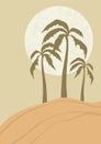 Desert landscape, sunny dunes and palms illustration. Earth tones, beige colors.