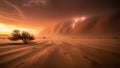 Desert landscape during sunset with lone tree and dramatic lightning strike Royalty Free Stock Photo