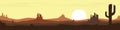 Desert landscape. Sunset in the desert with mountains and cactus. Cartoon style. Vector illustration Royalty Free Stock Photo