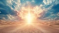 Desert Landscape Under Dramatic Sky With Bright Light Beam. Hope Concept Royalty Free Stock Photo