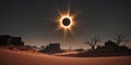 Desert landscape under total solar eclipse with dramatic shadows and lighting Royalty Free Stock Photo
