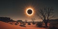 Desert landscape under total solar eclipse with dramatic shadows and lighting. Royalty Free Stock Photo