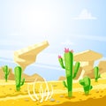 Desert landscape, vector illustration. Cactuses, rocks and sand dunes cartoon background. Summer travel concept. Royalty Free Stock Photo